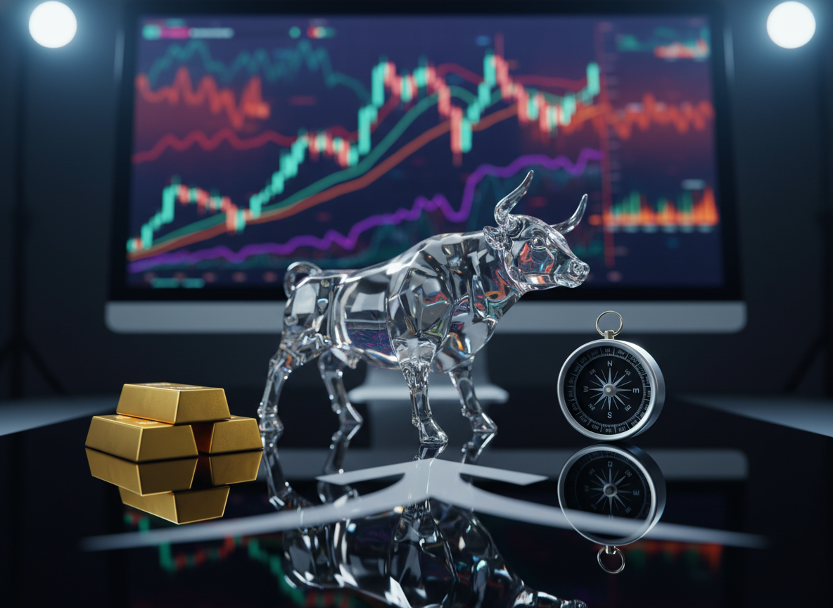 An elegant still life arrangement of financial growth symbols on a polished black glass surface: a crystal-clear glass bull figurine with sharp, faceted edges, a small stack of pristine gold bars, and a sleek silver compass pointing upward toward a stylized, printed arrow. Behind them, an out-of-focus computer monitor displays abstract, colorful stock market charts and line graphs, intentionally non-readable. Cool, directional studio lighting from above and behind creates dramatic rim highlights on the glass bull and luminous reflections in the glass tabletop. Captured from a low, cinematic angle with a shallow depth of field, the composition feels bold and aspirational. The mood is dynamic and forward-looking, perfectly suited for a professional stock trading education brand focused on generational wealth.
